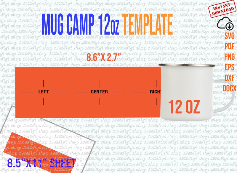Mug Camp 12oz Template, 12 oz Mug Camp for Sublimation Full Wrap, Mug 12 oz Camp Svg, Cricut and Silhouette instant download Pdf Dxf Docx SVG 1966digi 