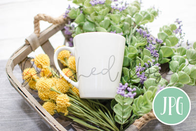 Mug farmhouse mockup in purple and yellow flowers in basket Mock Up Photo Brushed Rose 