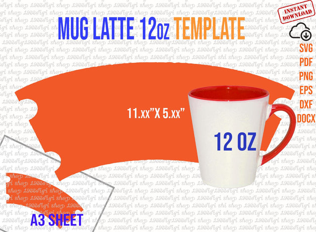 Mug Latte 12oz Template, Handle Cutouts, 12 oz Mug Latte Template for Sublimation Full Wrap, Mug Latte 12 oz Svg, Cricut and Silhouette, Dxf SVG 1966digi 