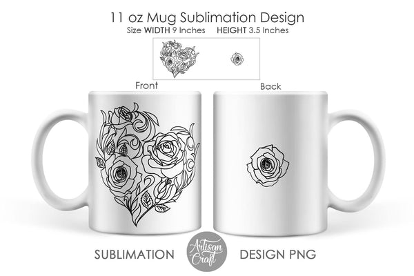 Mug sublimation design, rose heart, 11oz mug