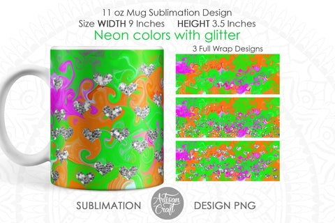 Mug sublimation PNG with neon color, silver glitter Sublimation Artisan Craft SVG 