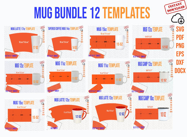 Mug Svg, Mug Template, Mug Bundle 12 Templates, 10 oz, 11 oz, 12 oz, 14 oz, 15 oz, 17 oz, Latte, Camp, Tapered for Sublimation, Pdf Docx Dxf SVG 1966digi 