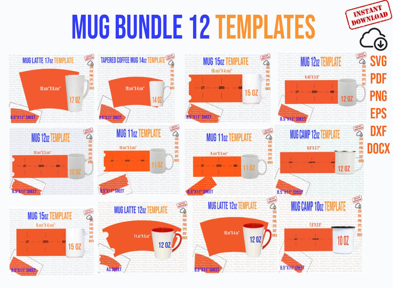 Mug Svg, Mug Template, Mug Bundle 12 Templates, 10 oz, 11 oz, 12 oz, 14 oz, 15 oz, 17 oz, Latte, Camp, Tapered for Sublimation, Pdf Docx Dxf SVG 1966digi 