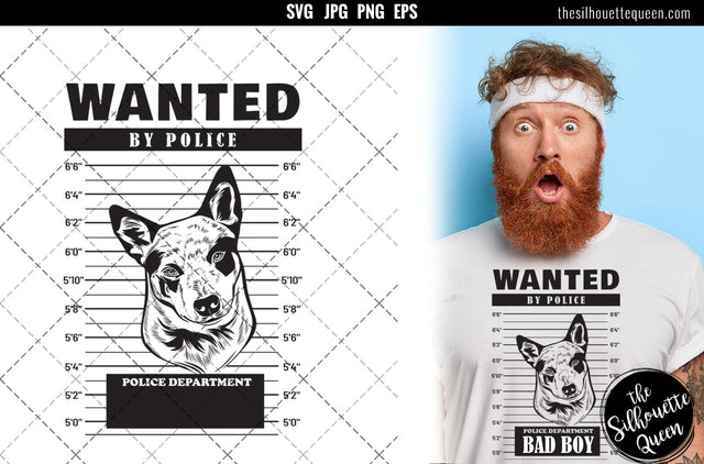 Mugshot of Australian Cattle Dog holding banner behind bars SVG Loveleen Kaur 