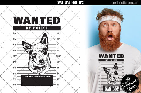 Mugshot of Australian Cattle Dog holding banner behind bars SVG Loveleen Kaur 