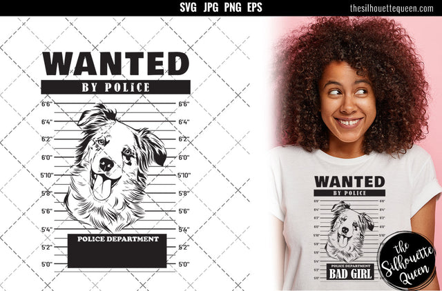 Mugshot of Australian Shepherd Dog holding banner behind bars SVG Loveleen Kaur 