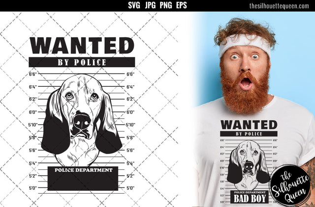 Mugshot of Basset Hound Dog holding banner behind bars SVG Loveleen Kaur 