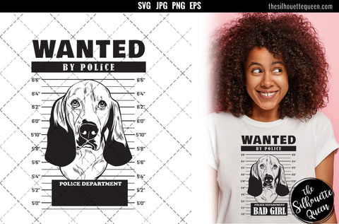 Mugshot of Basset Hound Dog holding banner behind bars SVG Loveleen Kaur 