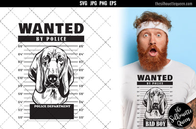 Mugshot of Blood Hound Dog holding banner behind bars SVG Loveleen Kaur 