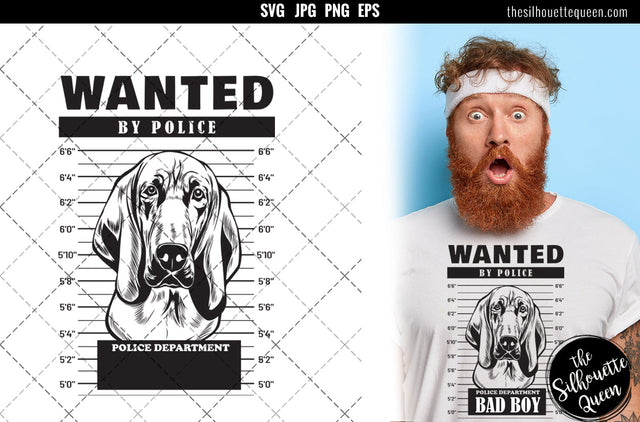 Mugshot of Blood Hound Dog holding banner behind bars SVG Loveleen Kaur 