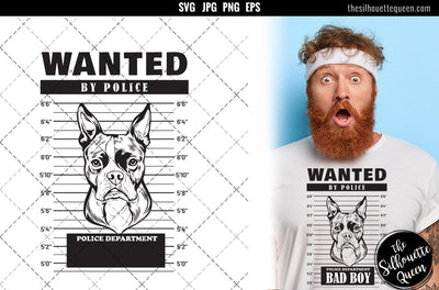 Mugshot of Boston Terrier Dog holding banner behind bars SVG Loveleen Kaur 