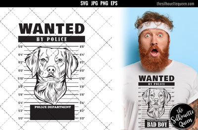 Mugshot of Brittany Spaniel Dog holding banner behind bars SVG Loveleen Kaur 