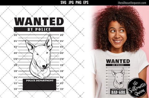 Mugshot of Bull Terrier Dog holding banner behind bars SVG Loveleen Kaur 