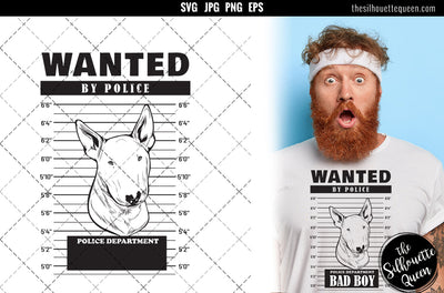 Mugshot of Bull Terrier Dog holding banner behind bars SVG Loveleen Kaur 