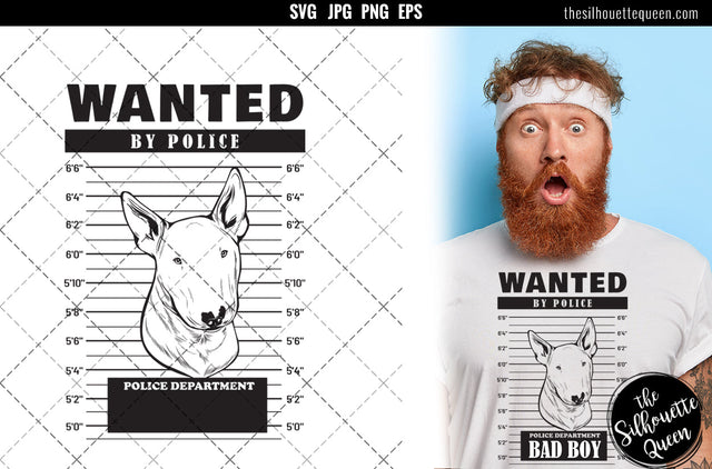 Mugshot of Bull Terrier Dog holding banner behind bars SVG Loveleen Kaur 