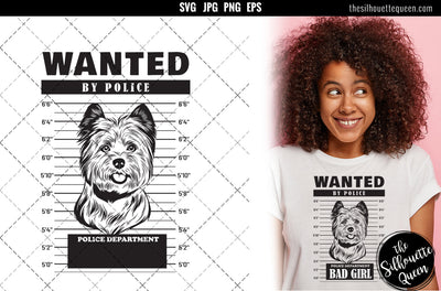 Mugshot of Cairn Terrier Dog holding banner behind bars SVG Loveleen Kaur 