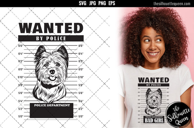 Mugshot of Cairn Terrier Dog holding banner behind bars SVG Loveleen Kaur 