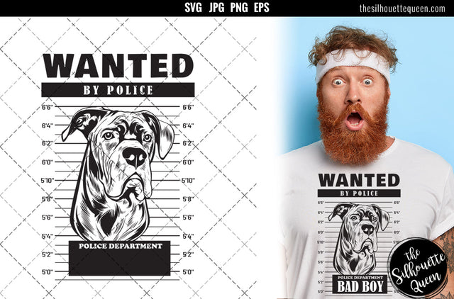 Mugshot of cane corso Dog holding banner behind bars SVG Loveleen Kaur 