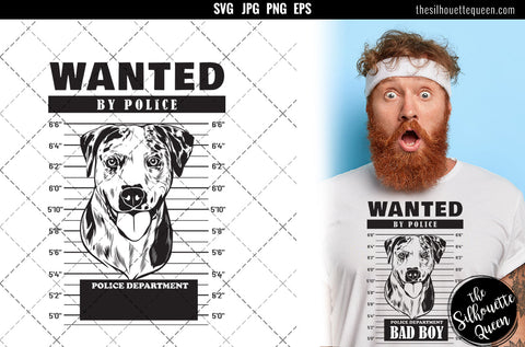 Mugshot of Catahoula Dog holding banner behind bars SVG Loveleen Kaur 