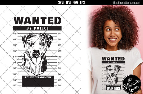 Mugshot of Catahoula Dog holding banner behind bars SVG Loveleen Kaur 