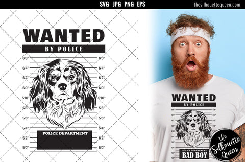 Mugshot of Cavalier King Charles Spaniel Dog holding banner behind bars SVG Loveleen Kaur 