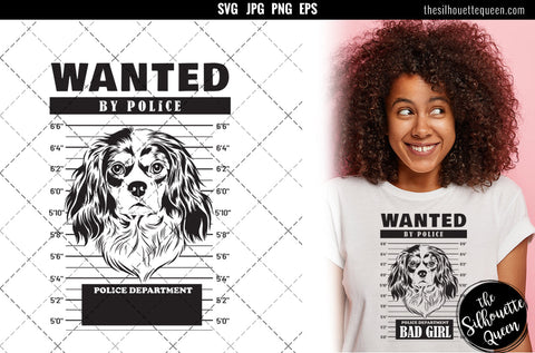 Mugshot of Cavalier King Charles Spaniel Dog holding banner behind bars SVG Loveleen Kaur 