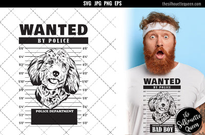 Mugshot of Cockapoo Dog holding banner behind bars SVG Loveleen Kaur 