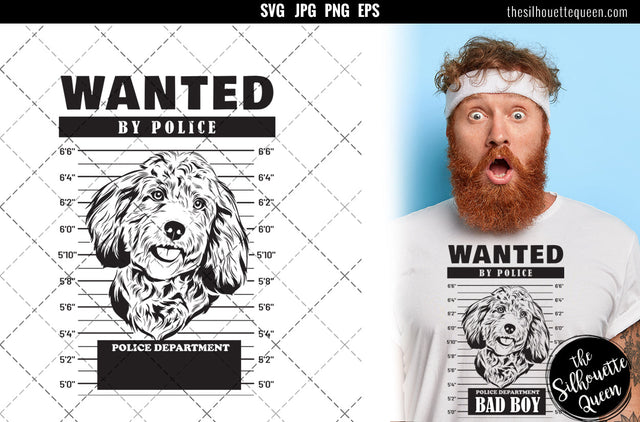 Mugshot of Cockapoo Dog holding banner behind bars SVG Loveleen Kaur 