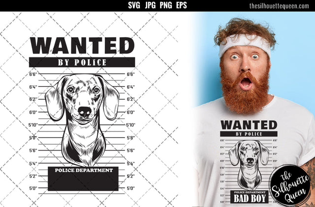 Mugshot of Dachshund Dog holding banner behind bars SVG Loveleen Kaur 