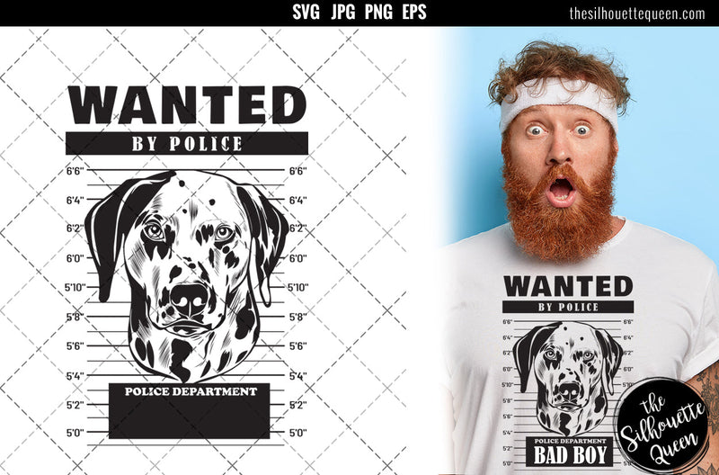 Mugshot of dalmatian Dog holding banner behind bars SVG Loveleen Kaur 