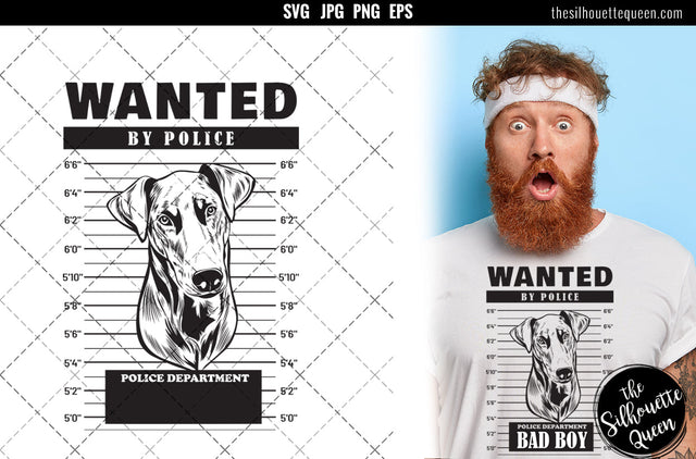 Mugshot of doberman Dog holding banner behind bars SVG Loveleen Kaur 