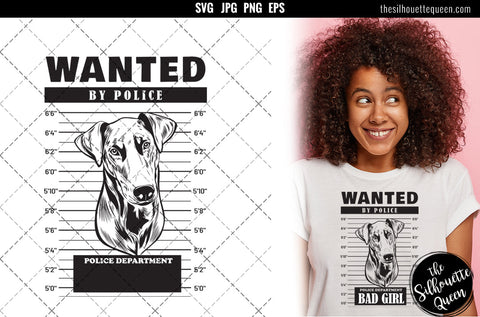 Mugshot of doberman Dog holding banner behind bars SVG Loveleen Kaur 