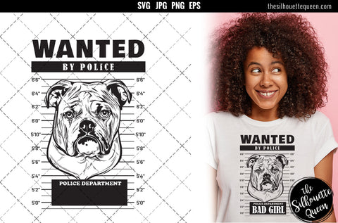 Mugshot of English Bulldog Dog holding banner behind bars SVG Loveleen Kaur 