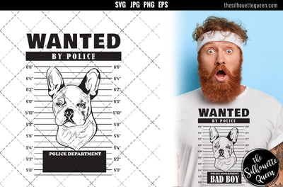 Mugshot of French Bulldog Dog holding banner behind bars SVG Loveleen Kaur 