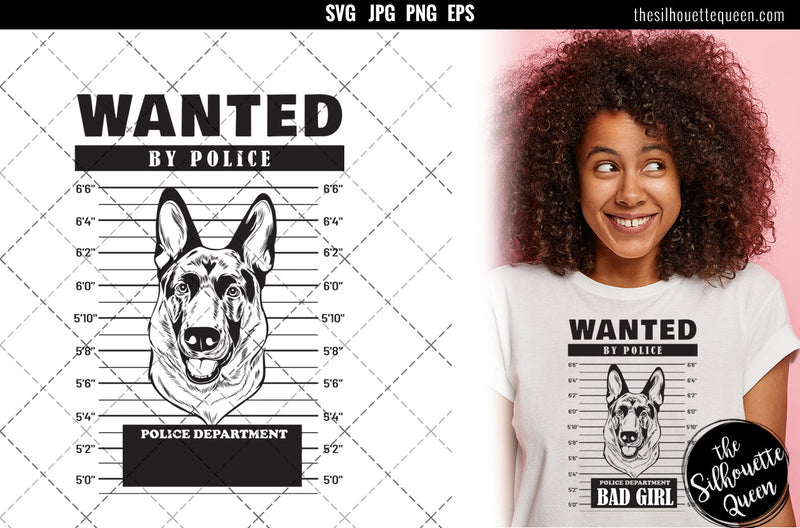 Mugshot of German Shepherd Dog holding banner behind bars SVG Loveleen Kaur 