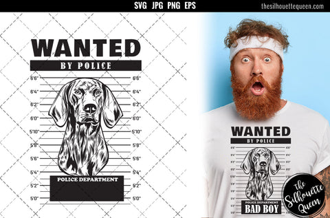Mugshot of German SHorthair Pointer Dog holding banner behind bars SVG Loveleen Kaur 
