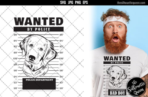 Mugshot of Golden Retriever Dog holding banner behind bars SVG Loveleen Kaur 