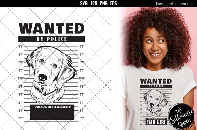 Mugshot of Golden Retriever Dog holding banner behind bars SVG Loveleen Kaur 