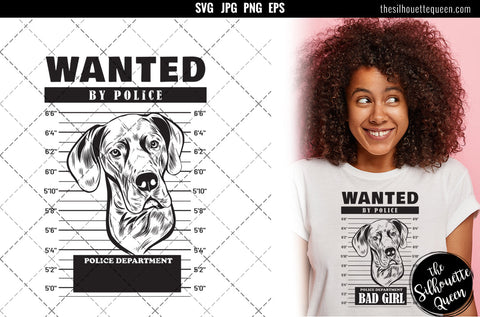 Mugshot of Great Dane Dog holding banner behind bars SVG Loveleen Kaur 