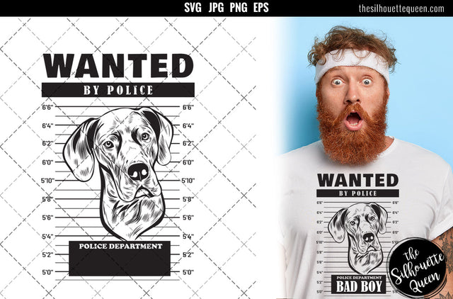 Mugshot of Great Dane Dog holding banner behind bars SVG Loveleen Kaur 