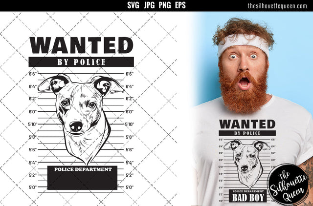 Mugshot of Italian Greyhound Dog holding banner behind bars SVG Loveleen Kaur 