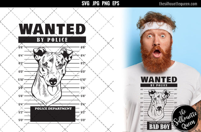 Mugshot of Jack Russel Terrier Dog holding banner behind bars SVG Loveleen Kaur 