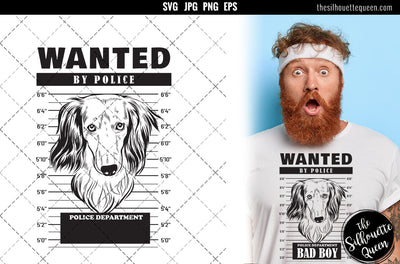 Mugshot of Long haired dachshund Dog holding banner behind bars SVG Loveleen Kaur 