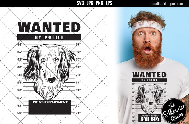 Mugshot of Long haired dachshund Dog holding banner behind bars SVG Loveleen Kaur 