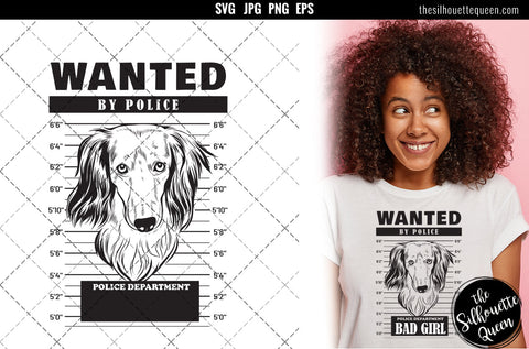 Mugshot of Long haired dachshund Dog holding banner behind bars SVG Loveleen Kaur 