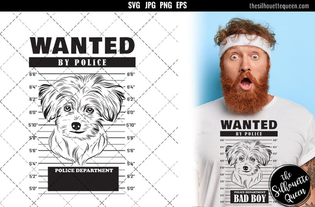 Mugshot of Maltese Dog holding banner behind bars SVG Loveleen Kaur 