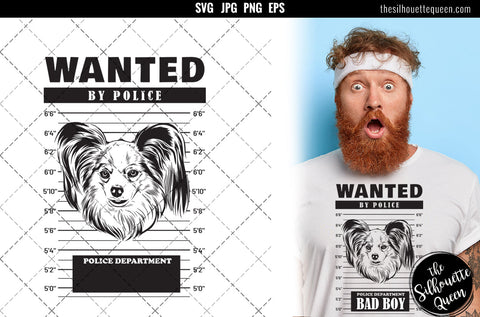 Mugshot of Papillon Dog holding banner behind bars SVG Loveleen Kaur 