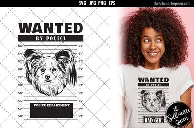 Mugshot of Papillon Dog holding banner behind bars SVG Loveleen Kaur 