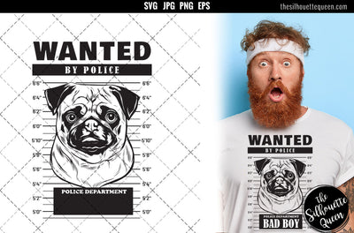 Mugshot of Pug Dog holding banner behind bars SVG Loveleen Kaur 