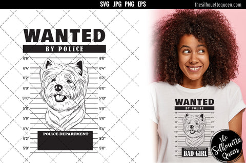 Mugshot of West Highland White Terrier Dog holding banner behind bars SVG Loveleen Kaur 